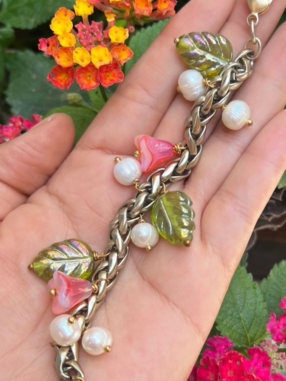 Two-Tone Bracelet w/ Pink Glass Flowers, Green Glass Leafs & Fresh Water Pearls